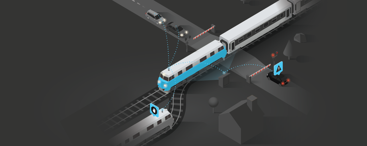 Vlaková souprava projíždějící železniční přejezd, komunikující s vozidly a vlaky v okolí